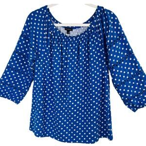 Talbots Boat Neck 3/4 Sleeve Polka Dot Knit Top Blue White Medium